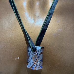 EUC Gold, blue, black and silver fashion necklace with ribbon